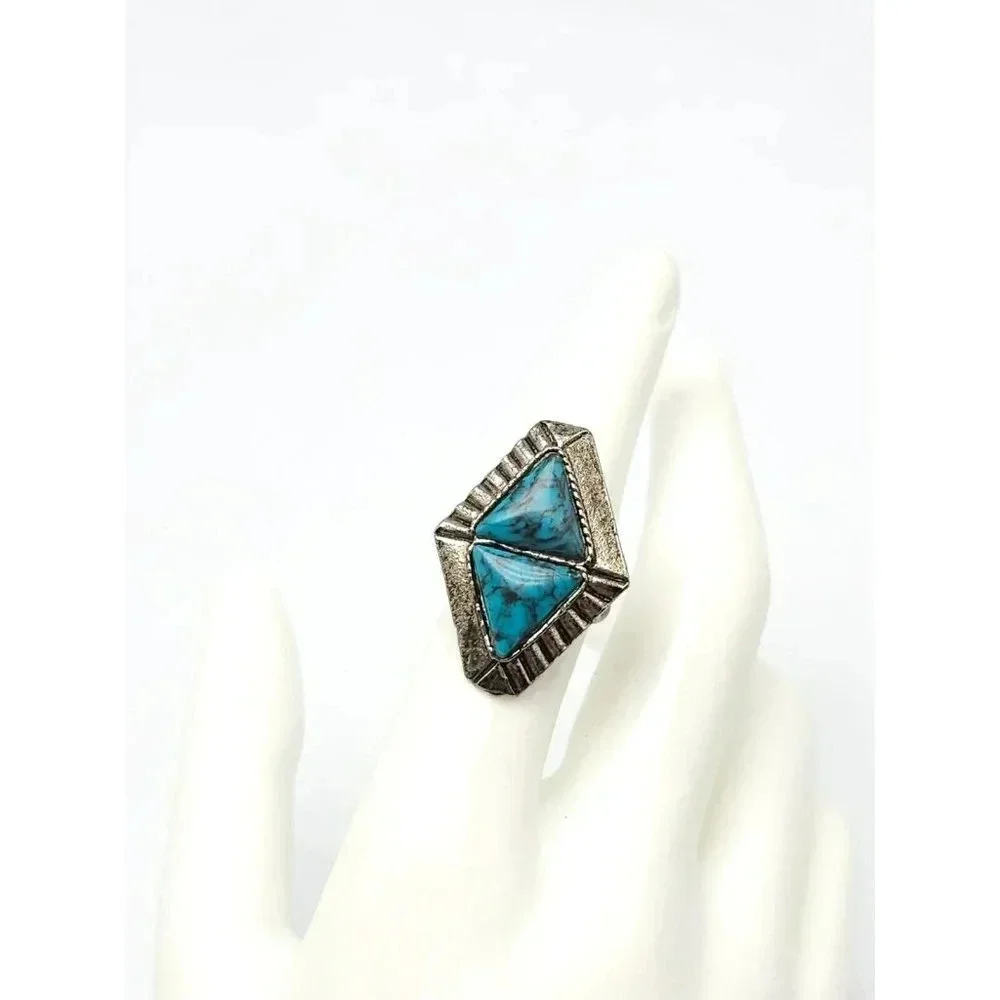 Faux Blue Turquoise Southwest Silver Tone Vintage 1970 Diamond Shape Ring Size 7